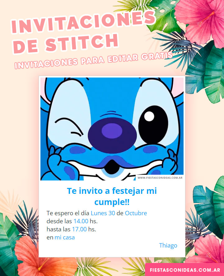 Invitaciones de Stitch para editar gratis para imprimir, descargar en PDF o compartir por Whatsapp.