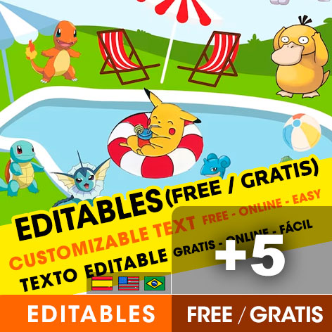 +5 Invitaciones fiesta en la piscina de Pokemon para Editar Gratis (WhatsApp e Imprimir)