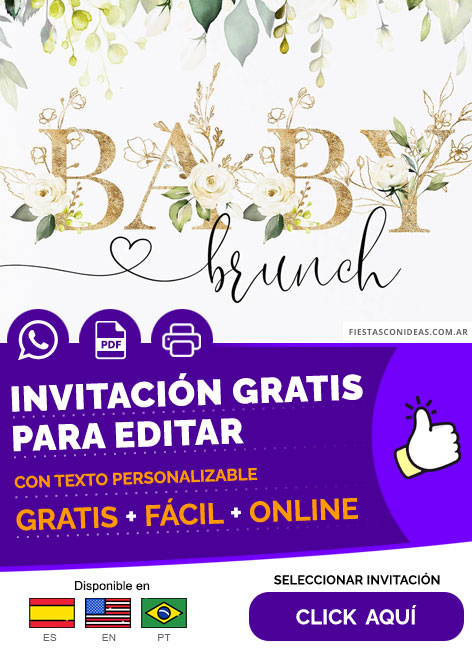 Invitación Baby Brunch Baby Shower Floral Rosas Blancas Y Letras Doradas Gratis Para Editar, Imprimir, PDF o Whatsapp