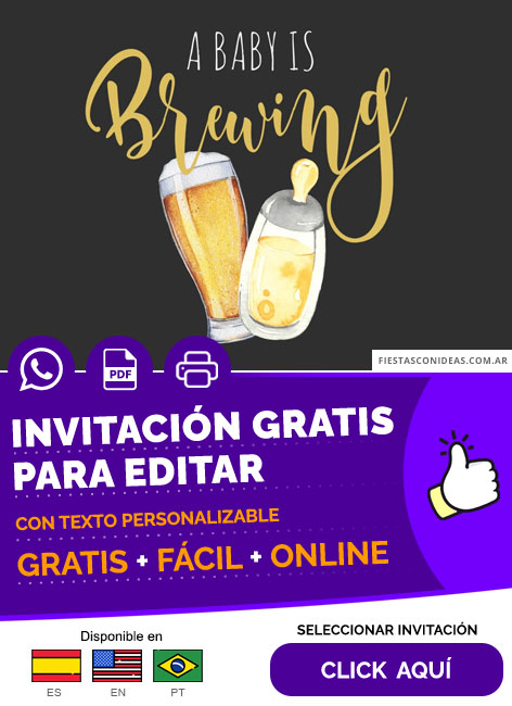 Invitación Baby Shower A Baby Is Brewing Cerveza Y Mamaderas Gratis Para Editar, Imprimir, PDF o Whatsapp
