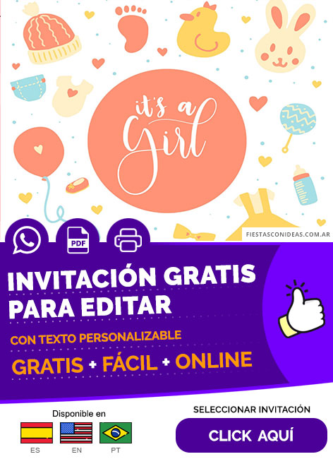 Invitación Baby Shower Con El Texto Its A Girl Gratis Para Editar, Imprimir, PDF o Whatsapp
