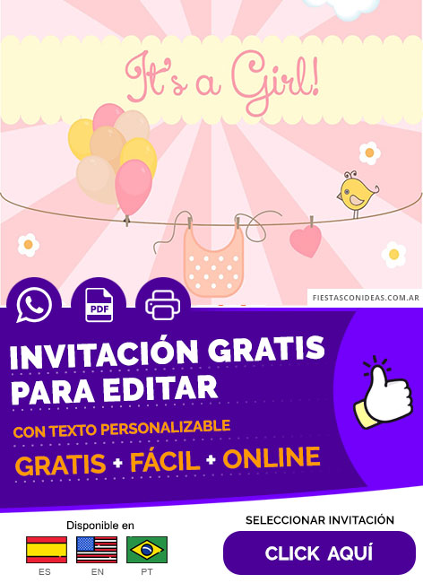 Invitación Baby Shower Es Una Niña Corazon Rosa Gratis Para Editar, Imprimir, PDF o Whatsapp