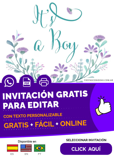 Invitación Baby Shower Estilo Floral Es Un Niño Gratis Para Editar, Imprimir, PDF o Whatsapp