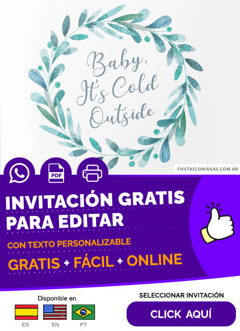 Invitación Baby Shower Invierno Hace Frio Afuera Neutro Hojas Acuarela Gratis Para Editar, Imprimir, PDF o Whatsapp