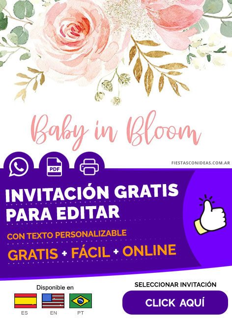 Invitación Baby Shower Niña Baby In Bloom Floral Rosa Y Dorado Gratis Para Editar, Imprimir, PDF o Whatsapp