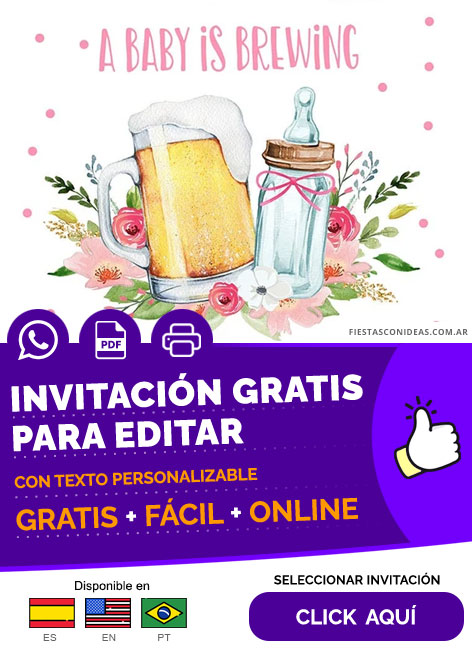 Invitación Baby Shower Niñas Mamadera Cerveza Flores Gratis Para Editar, Imprimir, PDF o Whatsapp