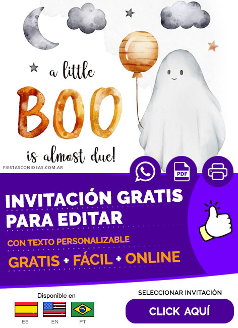 Invitación Baby Shower Sorpresa De Halloween Con Luna Nube Y Fantasma Gratis Para Editar, Imprimir, PDF o Whatsapp