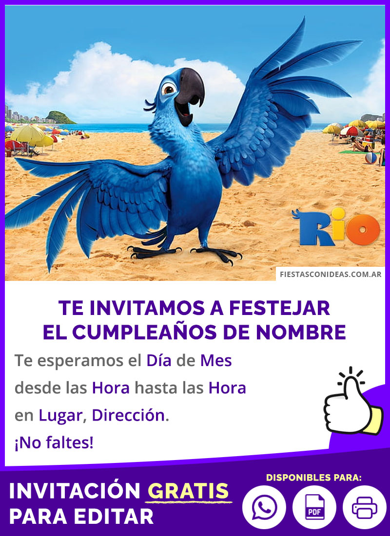 Invitación Cumpleaños De Blu Pelicula Rio Gratis Para Editar, Imprimir, PDF o Whatsapp