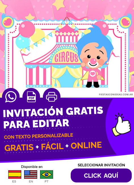 Invitación Cumpleaños Payaso Plim Plim Circo Rosa Pastel Gratis Para Editar, Imprimir, PDF o Whatsapp