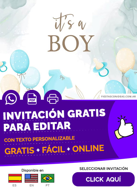 Invitación De Baby Shower Color Celeste Con Globos Chupete Y Bodys Gratis Para Editar, Imprimir, PDF o Whatsapp