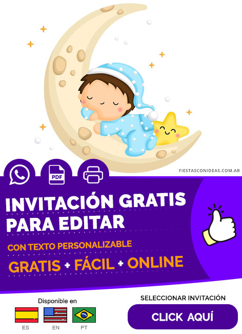 Invitación De Baby Shower Con Bebe Sobre Una Luna Y Estrellas Gratis Para Editar, Imprimir, PDF o Whatsapp