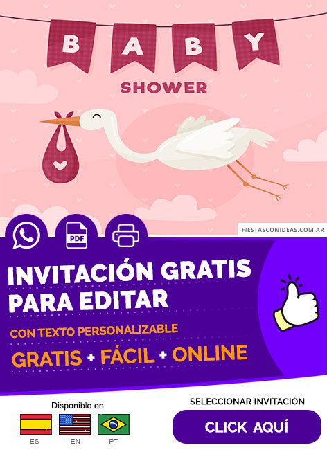 Invitación De Baby Shower Con Ciguenia Y Fondo Rosa Gratis Para Editar, Imprimir, PDF o Whatsapp