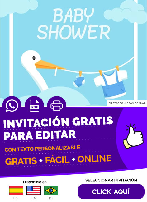 Invitación De Baby Shower Niño Con Una Ciguenia Y Ropa Celeste Gratis Para Editar, Imprimir, PDF o Whatsapp