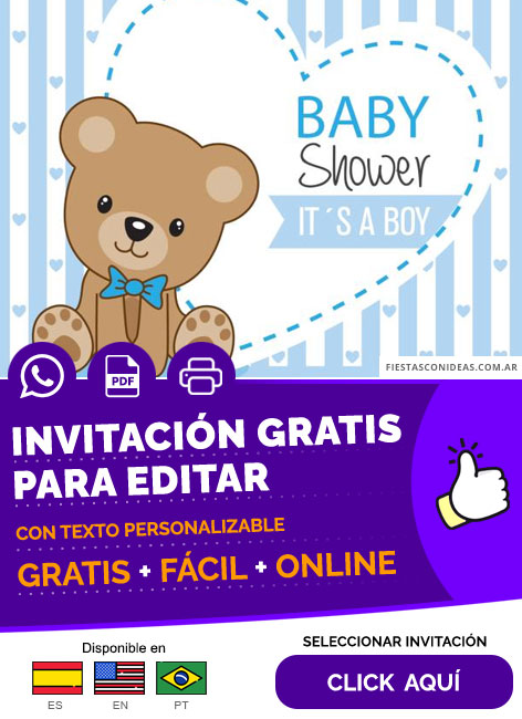 Invitación De Baby Shower Osito Es Un Niño Gratis Para Editar, Imprimir, PDF o Whatsapp