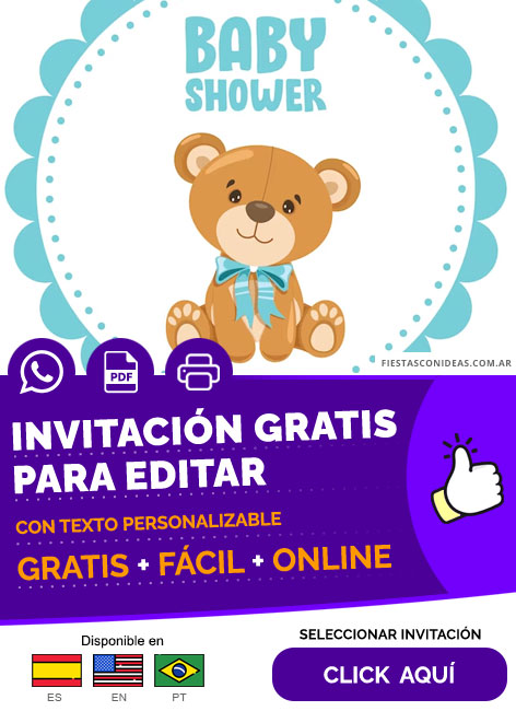 Invitación De Baby Shower Oso Con Fondo Celeste Gratis Para Editar, Imprimir, PDF o Whatsapp