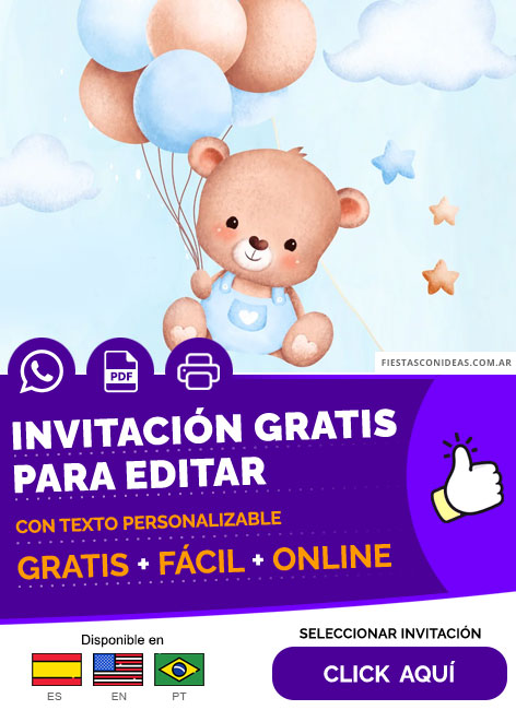Invitación De Baby Shower Oso Con Globos Celeste Gratis Para Editar, Imprimir, PDF o Whatsapp
