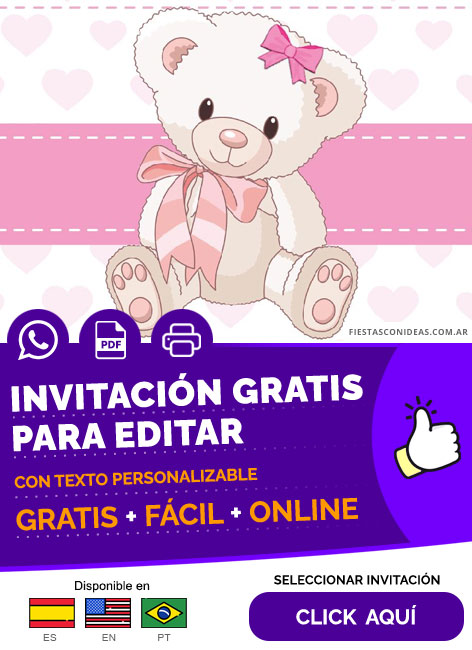 Invitación De Baby Shower Oso De Peluche Fondo Rosa Y Corazones Gratis Para Editar, Imprimir, PDF o Whatsapp