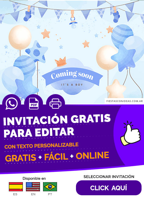 Invitación De Baby Shower Varon Con Estrellas Globos Y Fondo Color Celeste Gratis Para Editar, Imprimir, PDF o Whatsapp