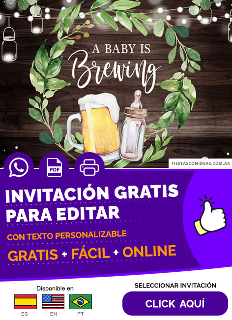 Invitación De Bebe Cerveza Y Mamadera Fondo Rustico Para Baby Shower Gratis Para Editar, Imprimir, PDF o Whatsapp