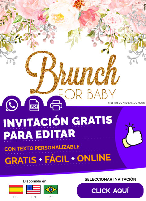 Invitación De Brunch For Baby Para Baby Shower Niñas Flores Y Letras Doradas Gratis Para Editar, Imprimir, PDF o Whatsapp