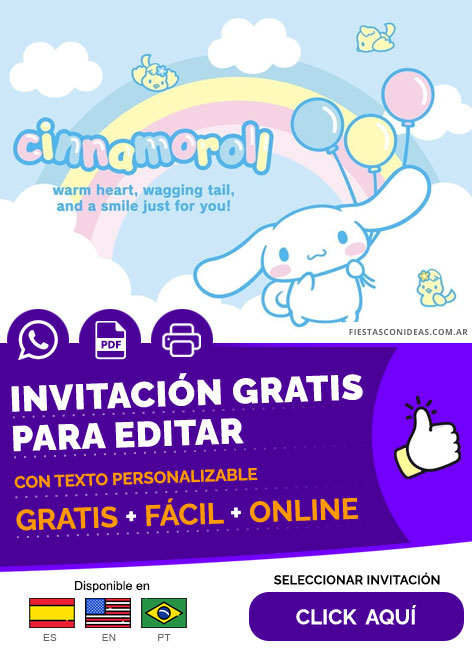 Invitación De Cumpleaños Cinnamoroll Arcoiris Pastel Y Nubes Gratis Para Editar, Imprimir, PDF o Whatsapp