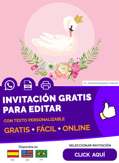 Invitación De Cumpleaños De Cisne Princesa Con Fondo Rosa Gratis Para Editar, Imprimir, PDF o Whatsapp
