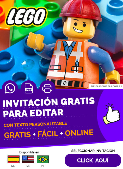 Invitación De Cumpleaños Infantil Lego Emmet Colorida Gratis Para Editar, Imprimir, PDF o Whatsapp