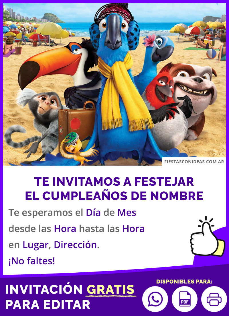 Invitación De Cumpleaños Pelicula Rio Blu En La Playa Gratis Para Editar, Imprimir, PDF o Whatsapp
