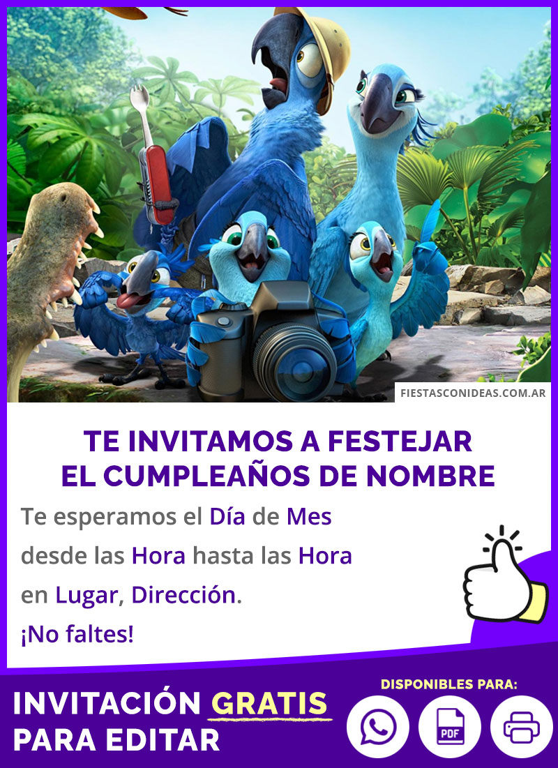 Invitación De Cumpleaños Temática Rio Con Blu Y Familia Gratis Para Editar, Imprimir, PDF o Whatsapp