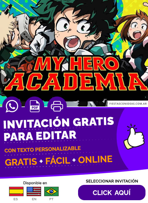 Invitación De Cumpleaños Temático De My Hero Academia Heroes De Anime Gratis Para Editar, Imprimir, PDF o Whatsapp