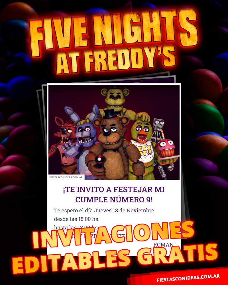 Invitaciones de Five Night at Freddy's para editar gratis para imprimir, descargar en PDF o compartir por Whatsapp