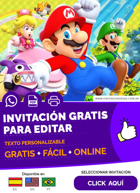 Invitación De Mario Bros Con Princesa Peach Y Luigi Gratis Para Editar, Imprimir, PDF o Whatsapp