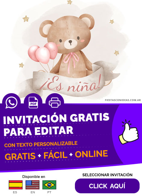 Invitación De Osita Para Baby Shower Es Una Niña Gratis Para Editar, Imprimir, PDF o Whatsapp