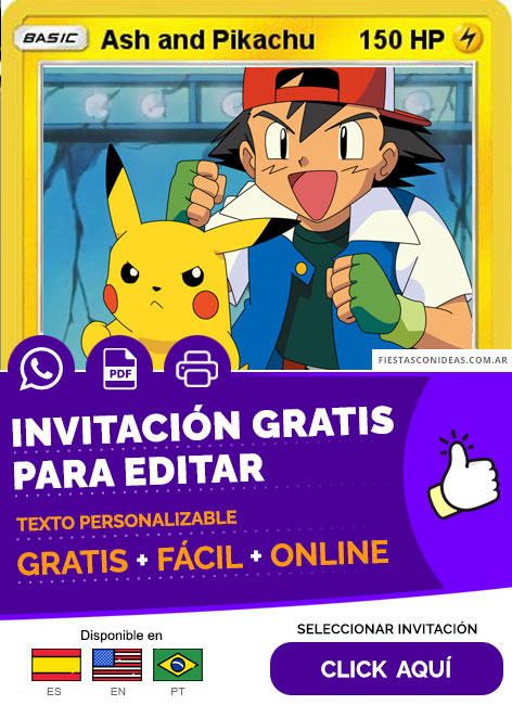 Invitación De Pokemon Cards Ash Pikachu para Editar Gratis