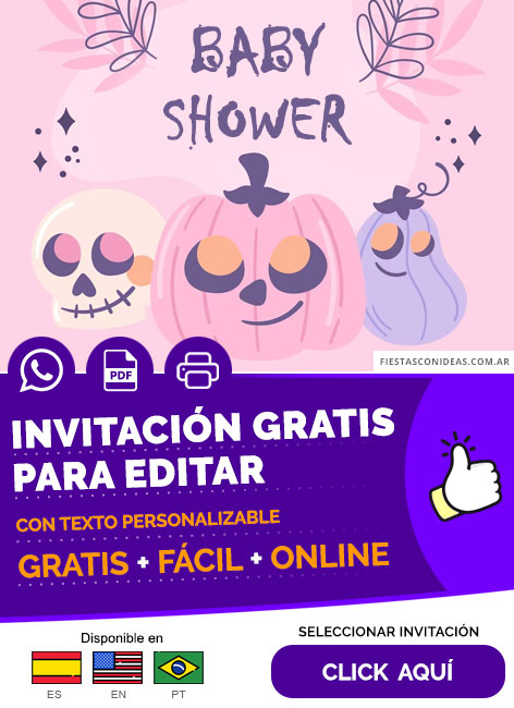 Invitación Digital De Halloween Fondo Rosa Para Baby Shower Gratis Para Editar, Imprimir, PDF o Whatsapp
