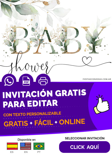 Invitación Digital Para Baby Shower Floral Hojas Eucalipto Verde Y Dorado Gratis Para Editar, Imprimir, PDF o Whatsapp