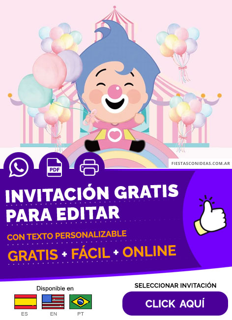Invitación Fiesta Cumpleaños Plim Plim Circo Rosa Pastel Para Niñas Gratis Para Editar, Imprimir, PDF o Whatsapp