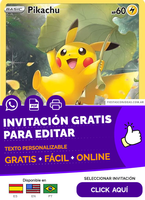 Invitación Fiesta Cumpleaños Pokemon Pikachu Cards para Editar Gratis