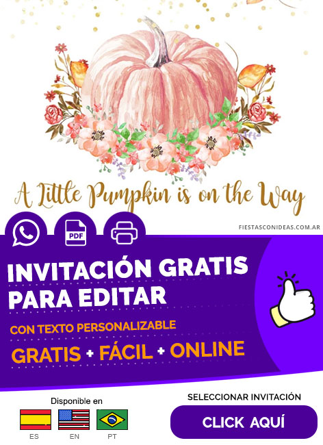 Invitación Fiesta De Baby Shower De Calabaza Estilo Floral Rosa Gratis Para Editar, Imprimir, PDF o Whatsapp