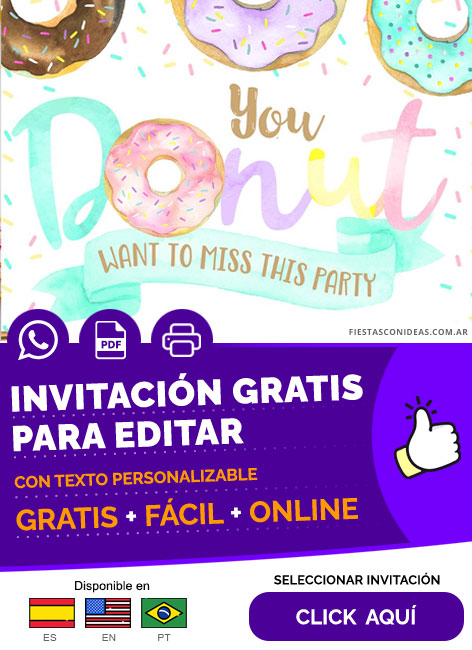 Invitación Fiesta De Cumpleaños De Donas Party Colores Pastel Acuarela Gratis Para Editar, Imprimir, PDF o Whatsapp