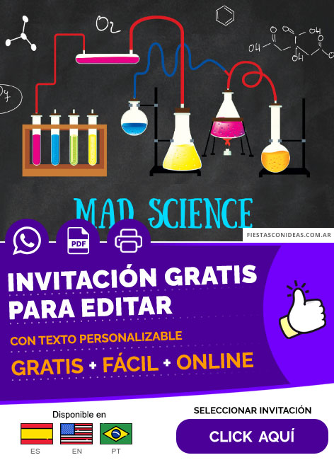 Invitación Fiesta De Cumpleaños Mad Science Quimica Para Chicos Gratis Para Editar, Imprimir, PDF o Whatsapp