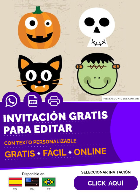 Invitación Fiesta De Disfraces Halloween Caras De Monstruos Para Niños Gratis Para Editar, Imprimir, PDF o Whatsapp