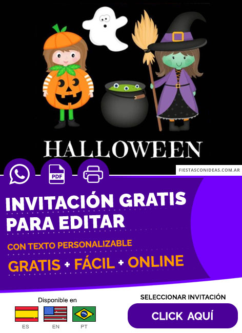 Invitación Fiesta De Disfraces Halloween Para Niñas Bruja Y Calabaza Gratis Para Editar, Imprimir, PDF o Whatsapp