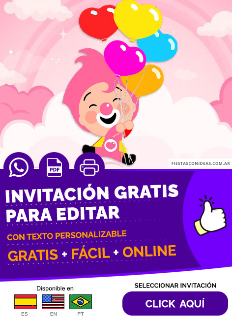 Invitación Fiesta Sorpresa Payaso Plim Plim Rosa Con Globos Y Nubes Gratis Para Editar, Imprimir, PDF o Whatsapp