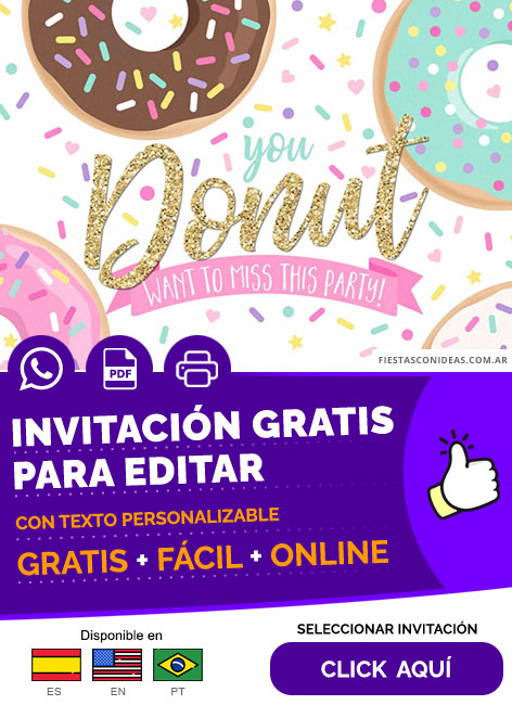 Invitación Fiesta Temática De Donas Party Con Letras Doradas Gratis Para Editar, Imprimir, PDF o Whatsapp