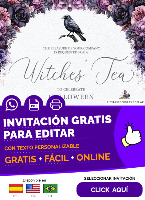 Invitación Fiesta Temática Halloween Te De Brujas Cuervo Negro Y Flores Gratis Para Editar, Imprimir, PDF o Whatsapp