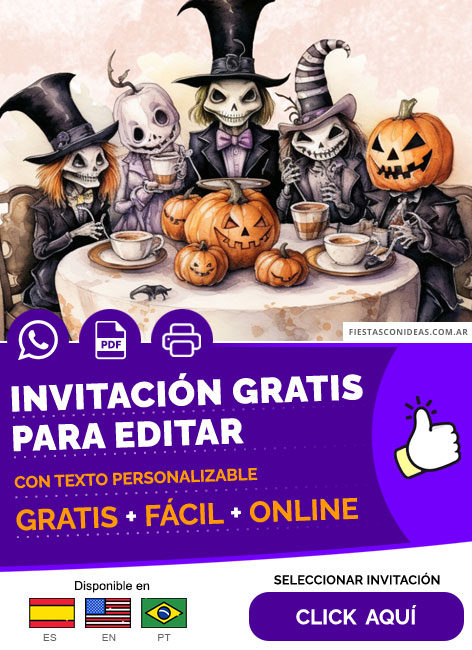 Invitación Halloween Fiesta Del Te Esqueletos Y Calabazas Gratis Para Editar, Imprimir, PDF o Whatsapp