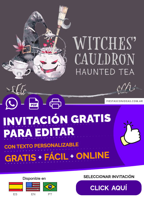 Invitación Halloween Fiesta Te De Brujas Caldera De Brujas Gratis Para Editar, Imprimir, PDF o Whatsapp
