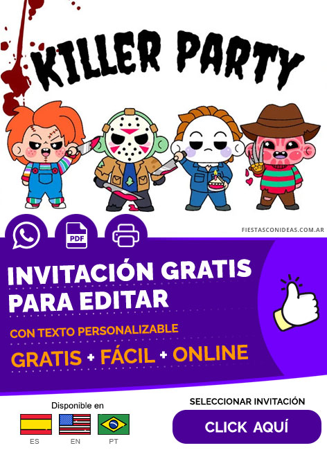 Invitación Killer Party Fiesta Asesina Terror Chucky Freddy Jason Y Michael Myers Gratis Para Editar, Imprimir, PDF o Whatsapp