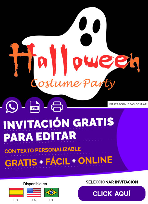 Invitación Para Fiesta De Disfraces Halloween Fantasma Para Niños Gratis Para Editar, Imprimir, PDF o Whatsapp